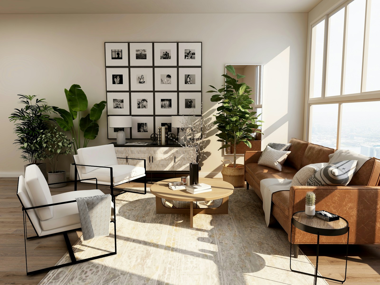 Bright living room with a fabric sofa and carpet